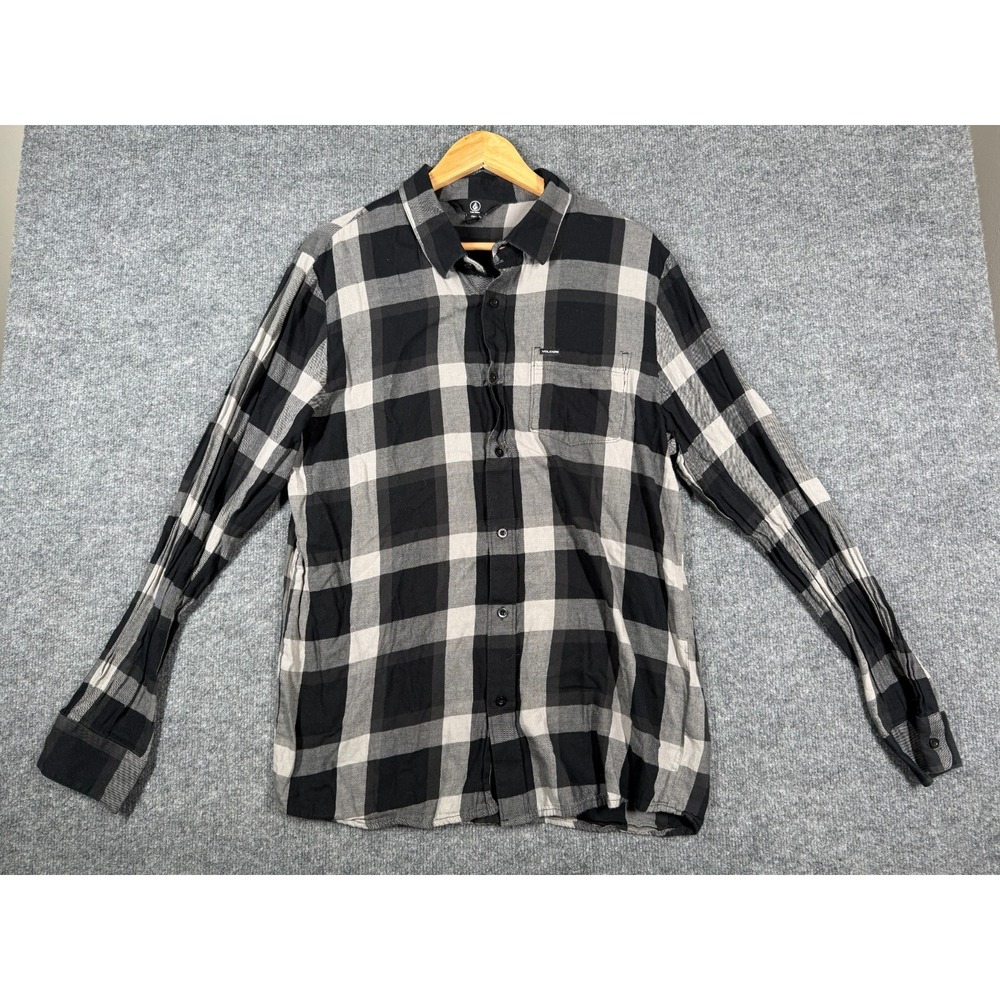 Volcom Flannel Shirt Mens L Black White Plaid Button Up Grunge Revival Outdoor
